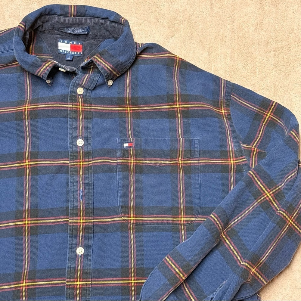 Tommy Hilfiger Flannel Shirt Button Down Men’s Large Blue Plaid Logo Cotton